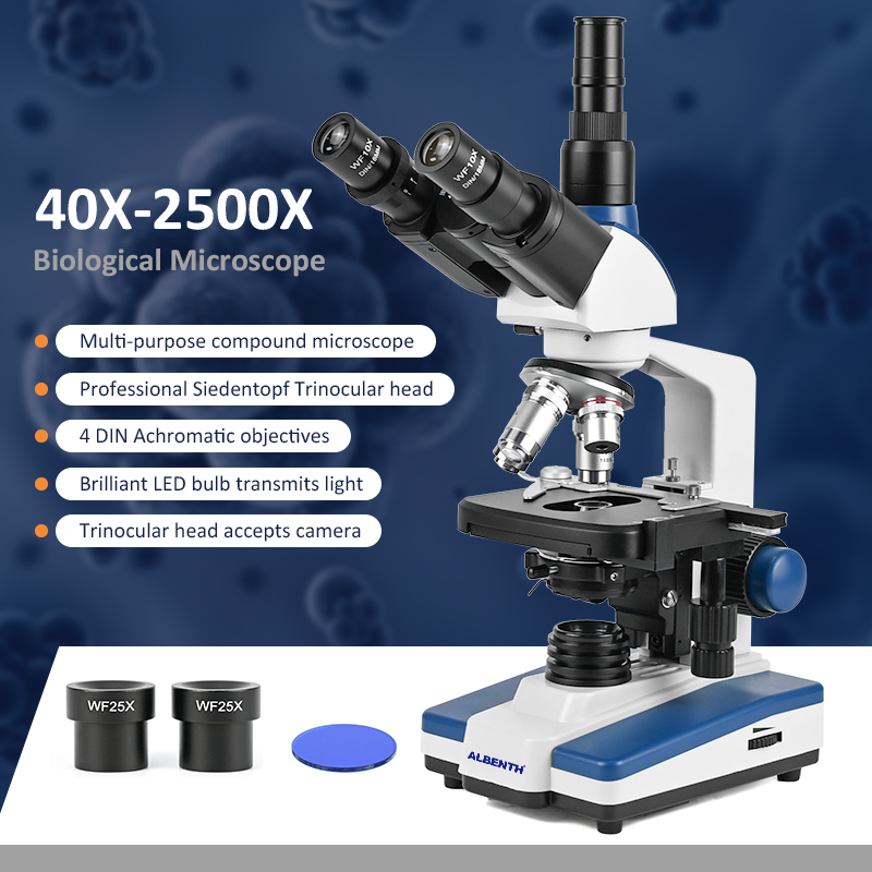 Microscope Compound 40X - กล้องจุลทรรศน์ชีวภาพระดับมืออาชีพ 40X-2500X พร้อมแท่นกลไก XY 3D และไฟ