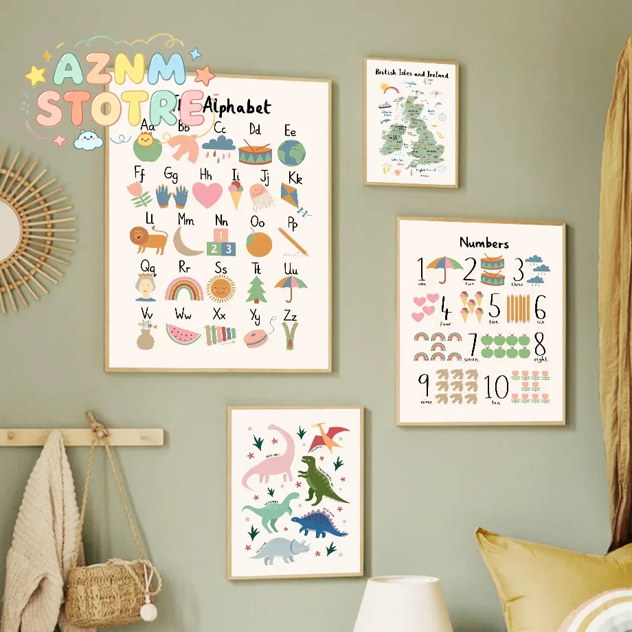Star Map Poster - แผนที่โลกสัตว์ ไดโนเสาร์ ตัวอักษร ตัวเลข ภาพวาดบนผ้าใบ โปสเตอร์ตกแต่งผนังสำหรับห้องเด็กอ่อน